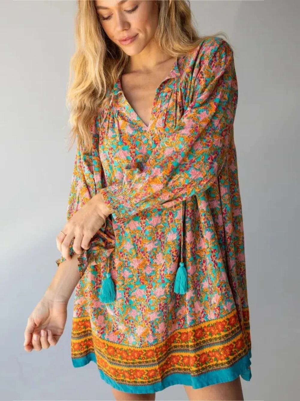 Natural Life Dara V Neck Mini Dress Turquoise Orange Border Medium